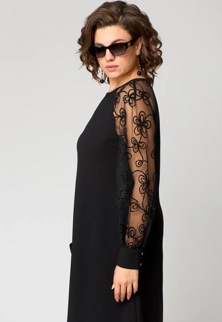 Femme Robe Mi-Longue A-ligne à Manches Longues Transparentes Brodées