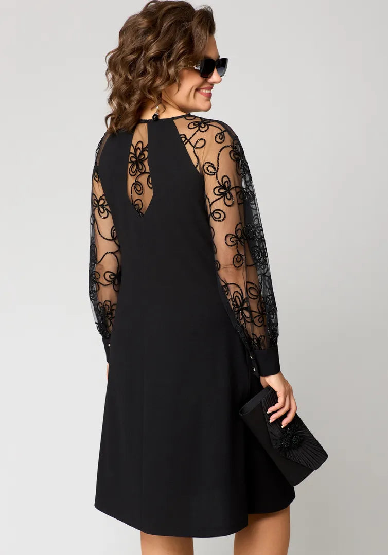 Femme Robe Mi-Longue A-ligne à Manches Longues Transparentes Brodées
