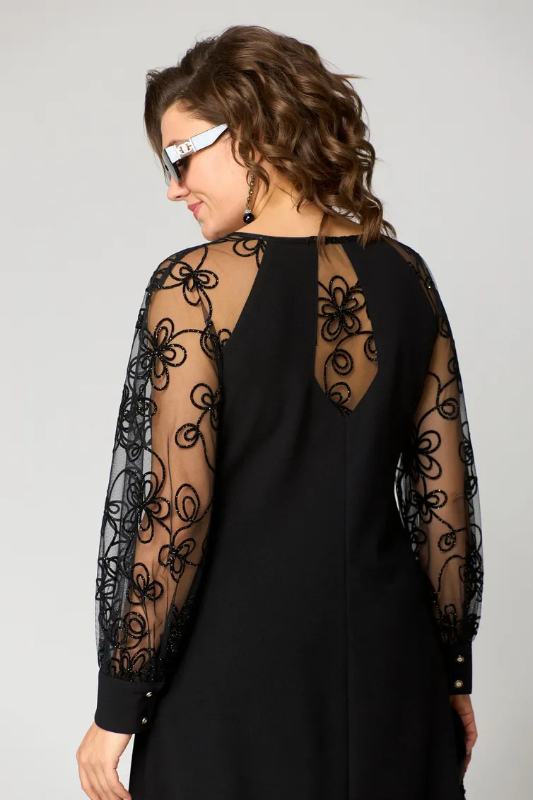 Femme Robe Mi-Longue A-ligne à Manches Longues Transparentes Brodées