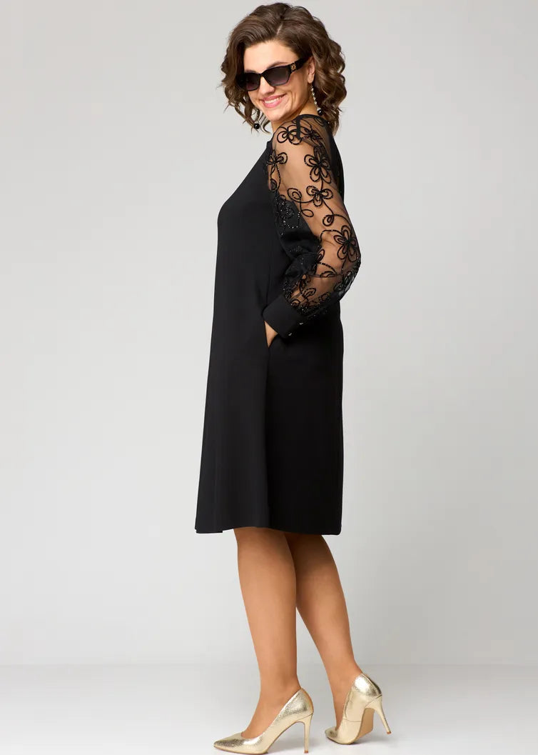 Femme Robe Mi-Longue A-ligne à Manches Longues Transparentes Brodées