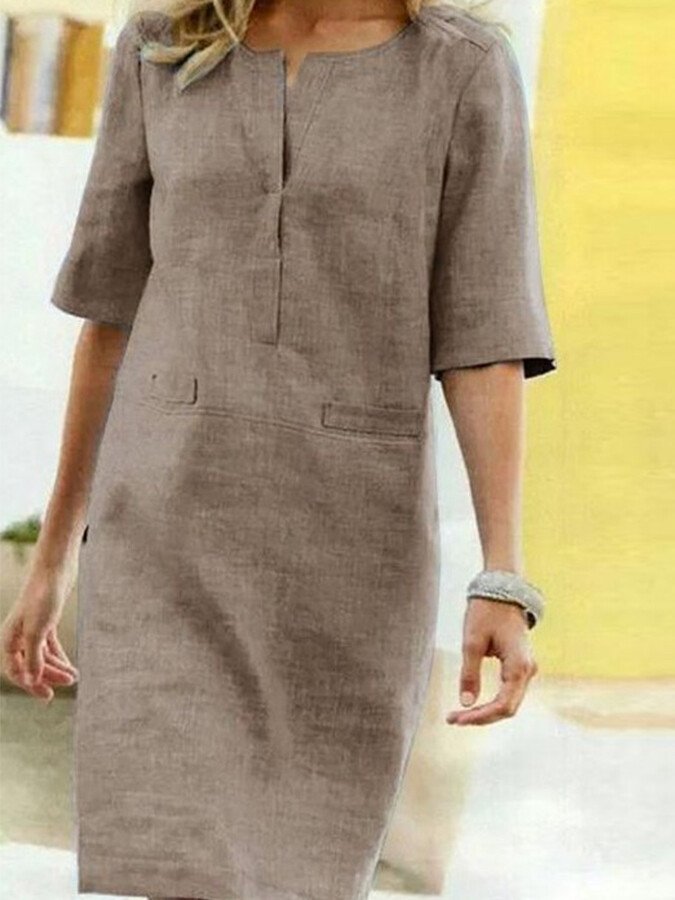 Femme Robe Mi-longue Manches Demi-longues avec Col en V et Poches
