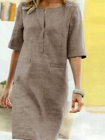 Femme Robe Mi-longue Manches Demi-longues avec Col en V et Poches