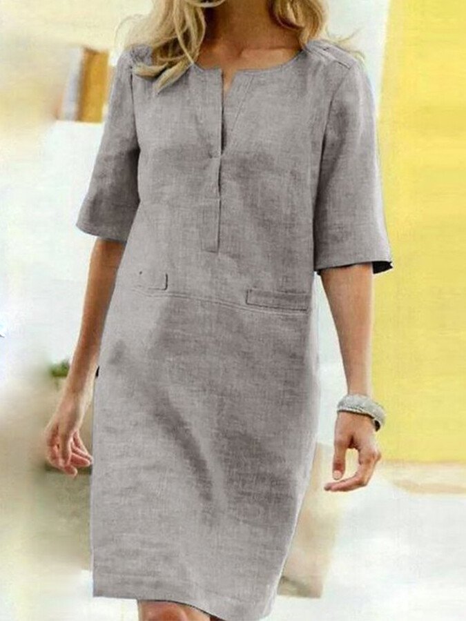 Femme Robe Mi-longue Manches Demi-longues avec Col en V et Poches