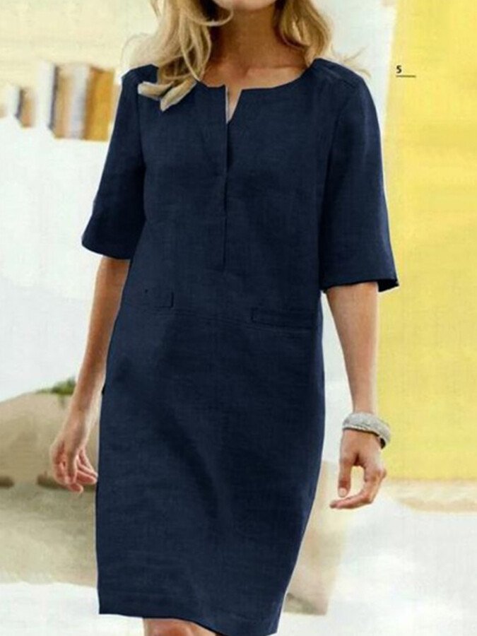 Femme Robe Mi-longue Manches Demi-longues avec Col en V et Poches