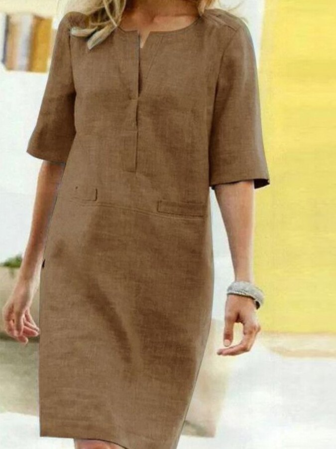 Femme Robe Mi-longue Manches Demi-longues avec Col en V et Poches