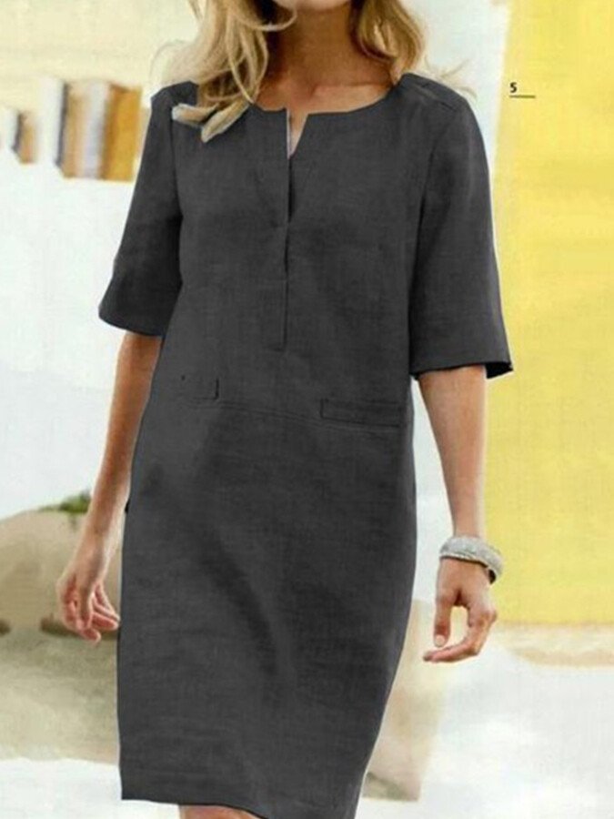 Femme Robe Mi-longue Manches Demi-longues avec Col en V et Poches