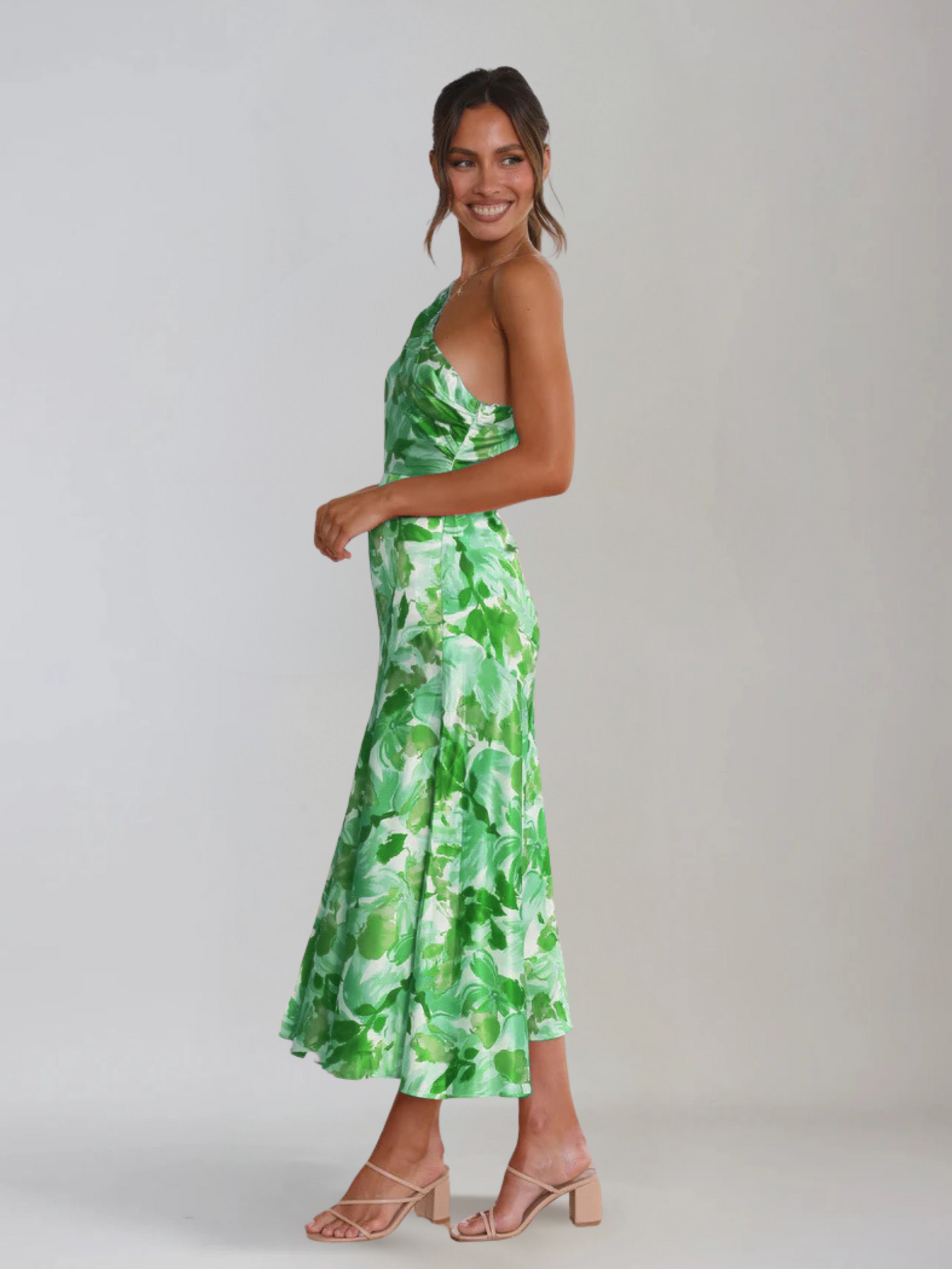 Femme Robe Midi à Bretelle Asymétrique avec Imprimé Floral