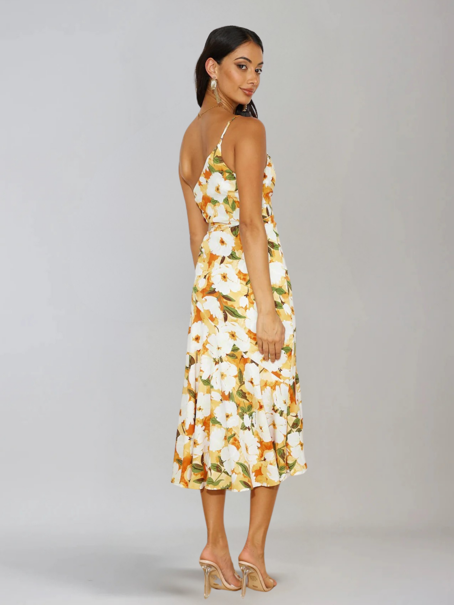 Femme Robe Midi à Bretelle Asymétrique avec Imprimé Floral