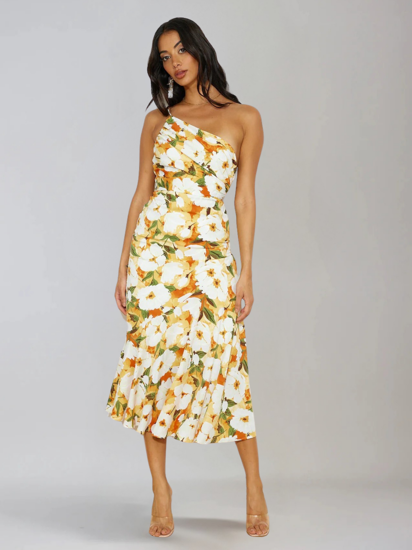 Femme Robe Midi à Bretelle Asymétrique avec Imprimé Floral