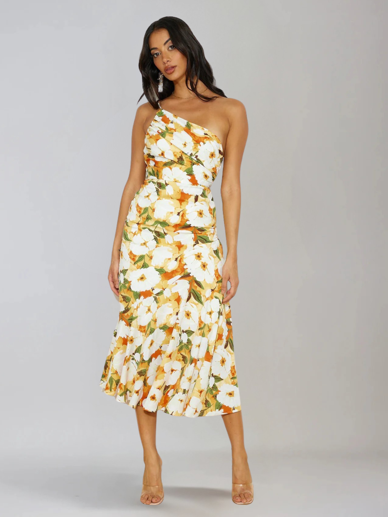 Femme Robe Midi à Bretelle Asymétrique avec Imprimé Floral