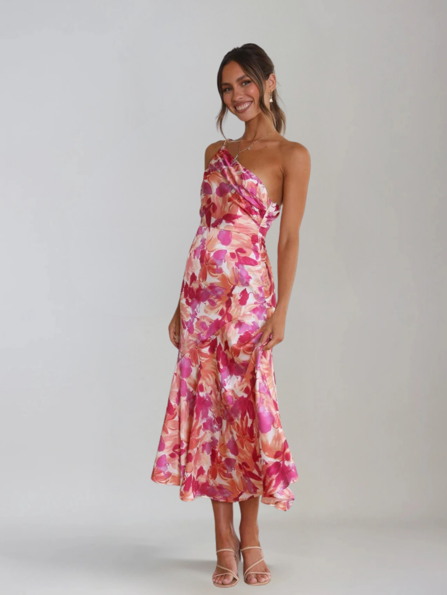 Femme Robe Midi à Bretelle Asymétrique avec Imprimé Floral