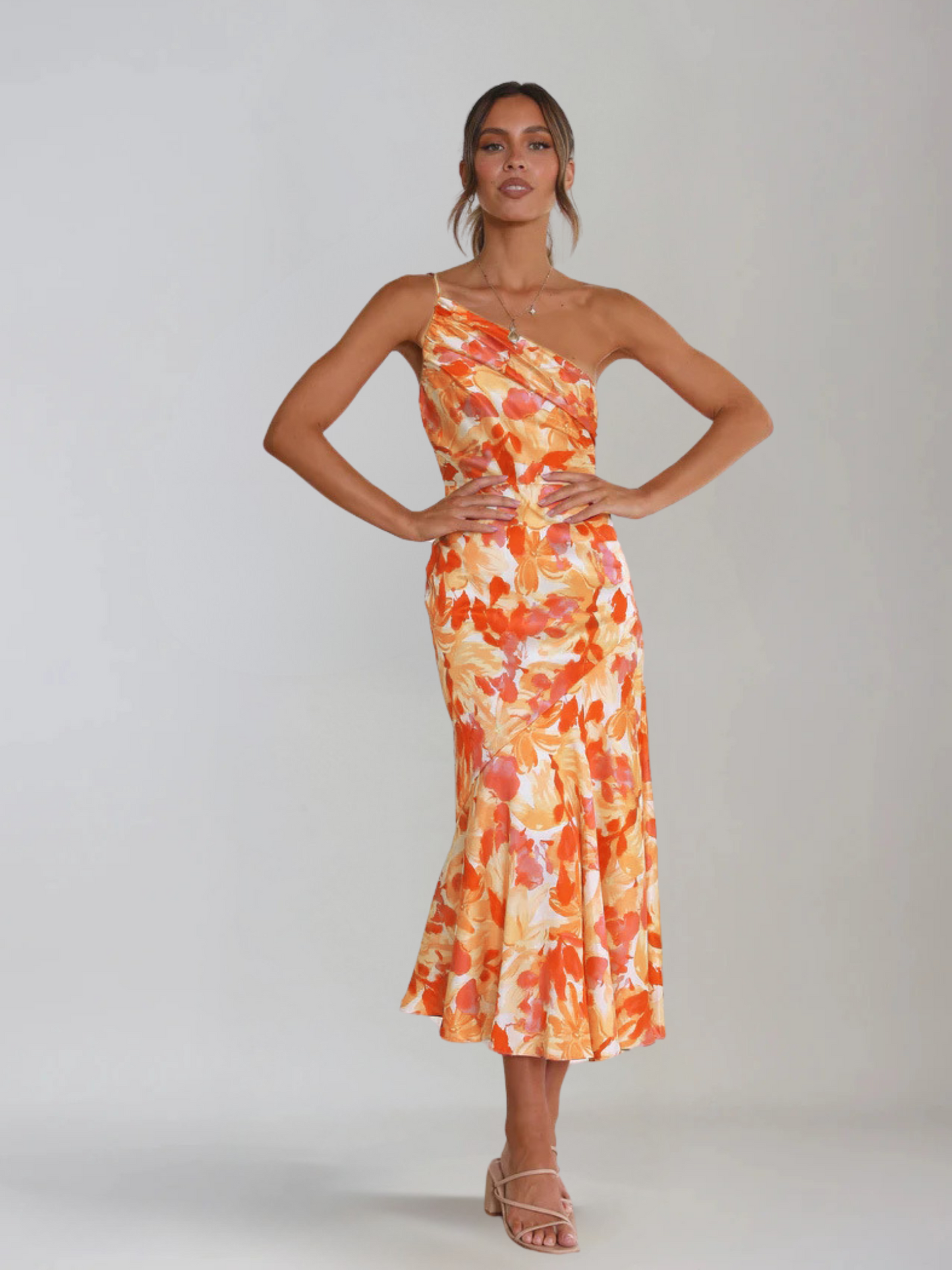 Femme Robe Midi à Bretelle Asymétrique avec Imprimé Floral