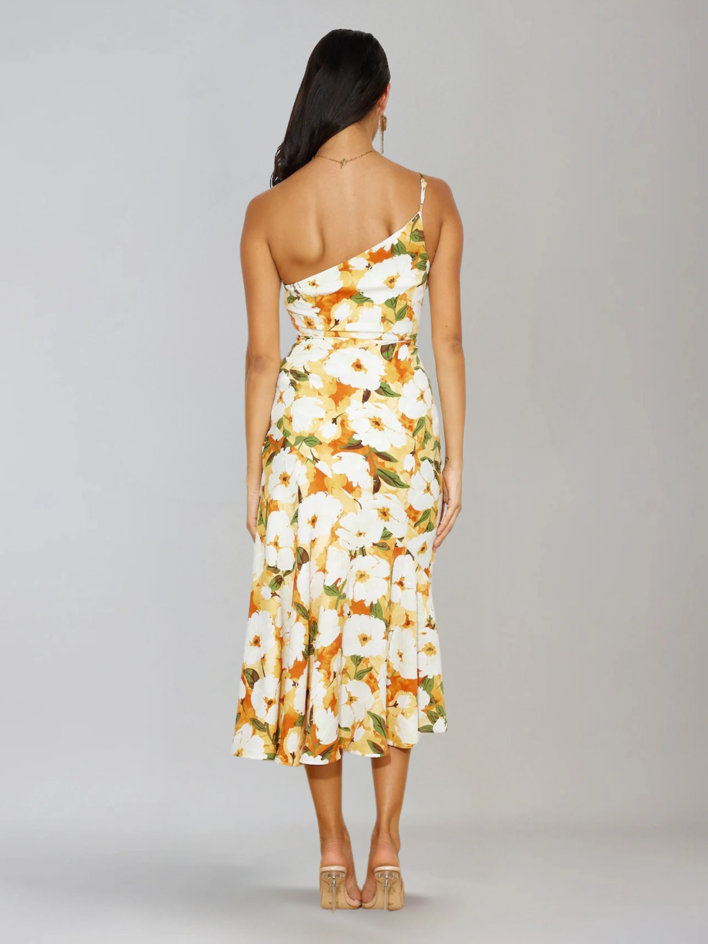 Femme Robe Midi à Bretelle Asymétrique avec Imprimé Floral