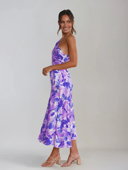 Femme Robe Midi à Bretelle Asymétrique avec Imprimé Floral