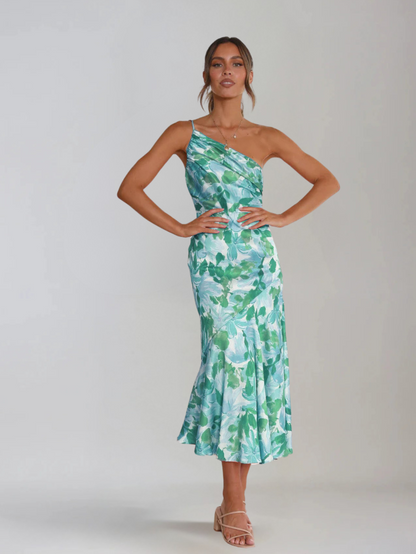 Femme Robe Midi à Bretelle Asymétrique avec Imprimé Floral