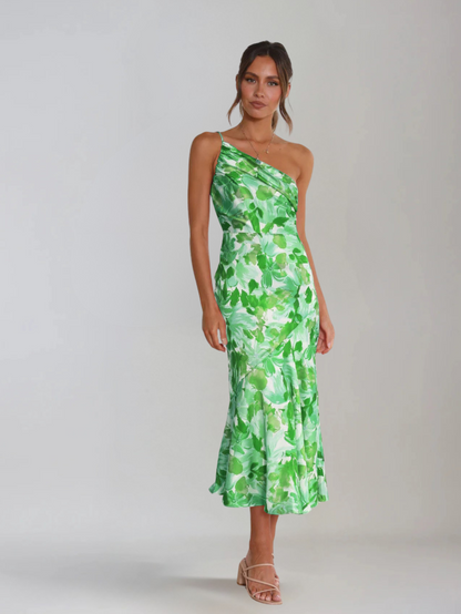 Femme Robe Midi à Bretelle Asymétrique avec Imprimé Floral
