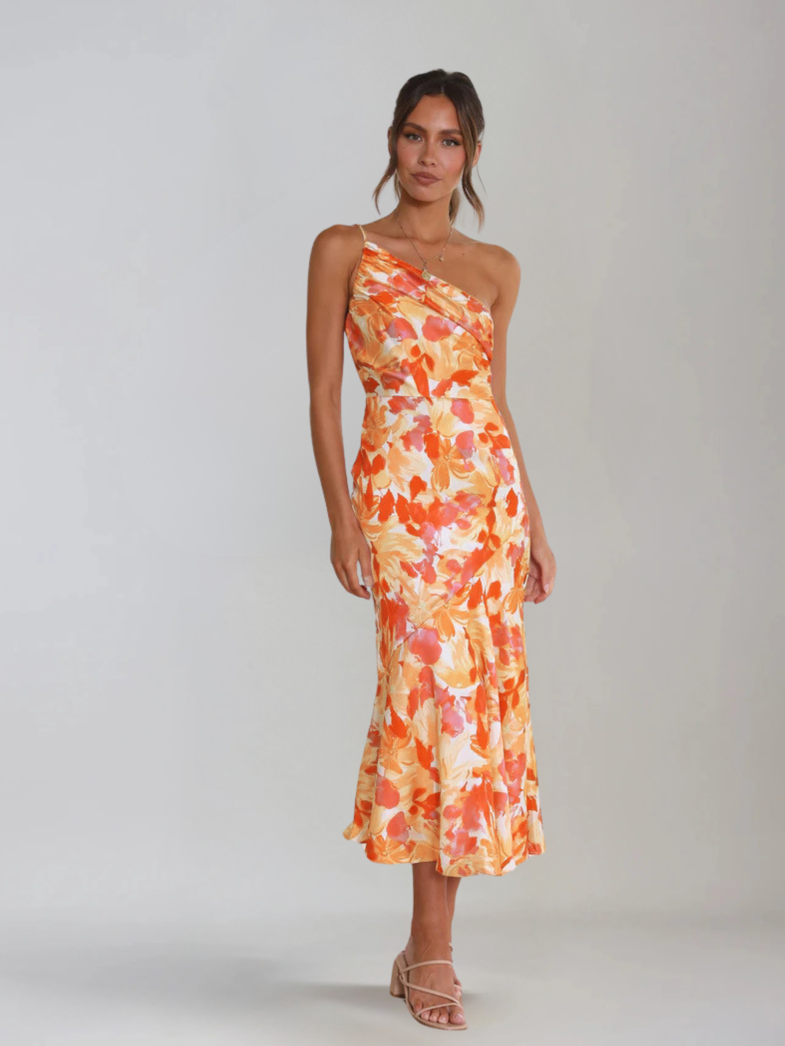 Femme Robe Midi à Bretelle Asymétrique avec Imprimé Floral