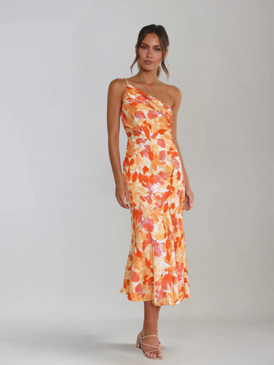 Femme Robe Midi à Bretelle Asymétrique avec Imprimé Floral