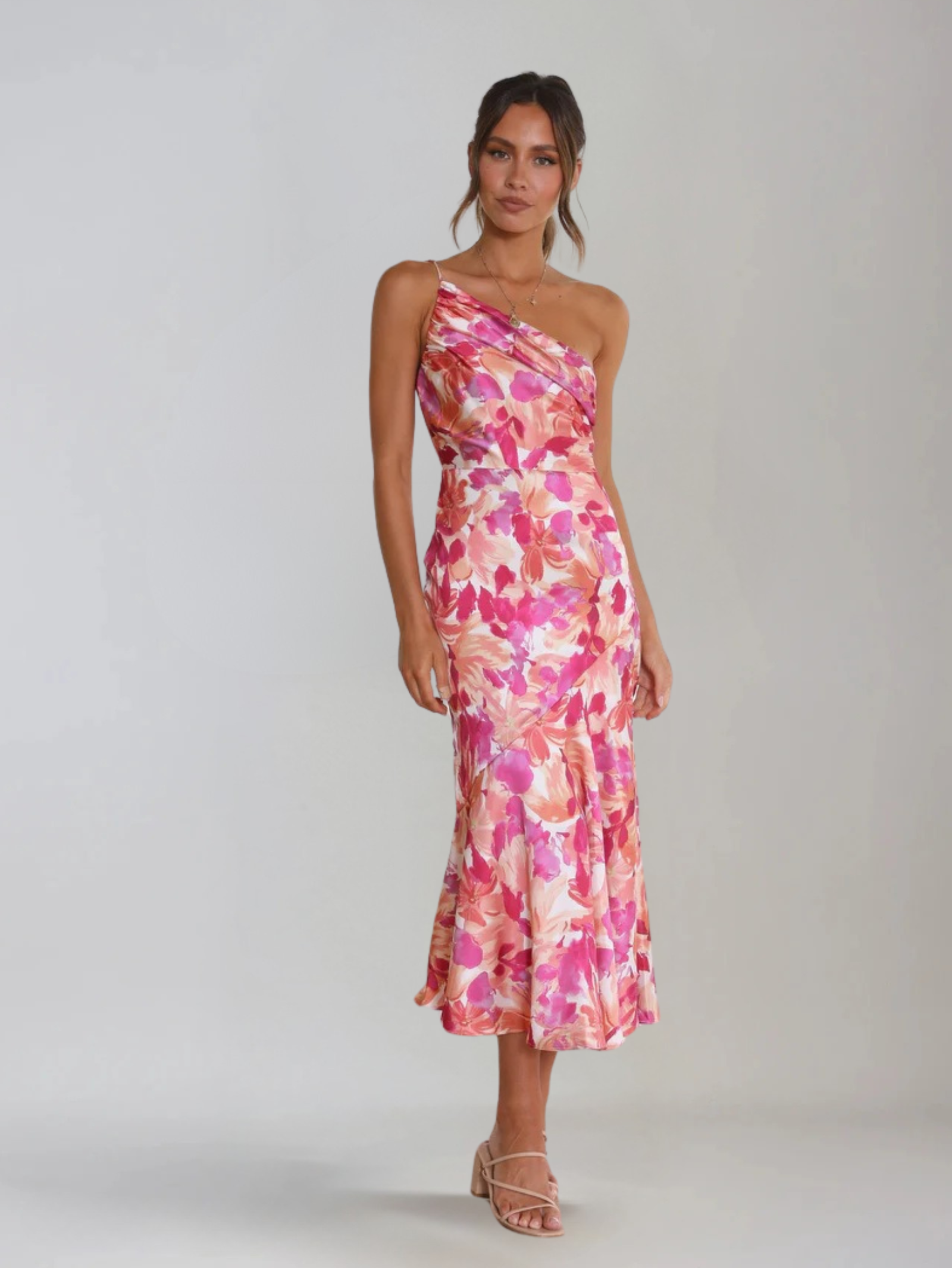 Femme Robe Midi à Bretelle Asymétrique avec Imprimé Floral