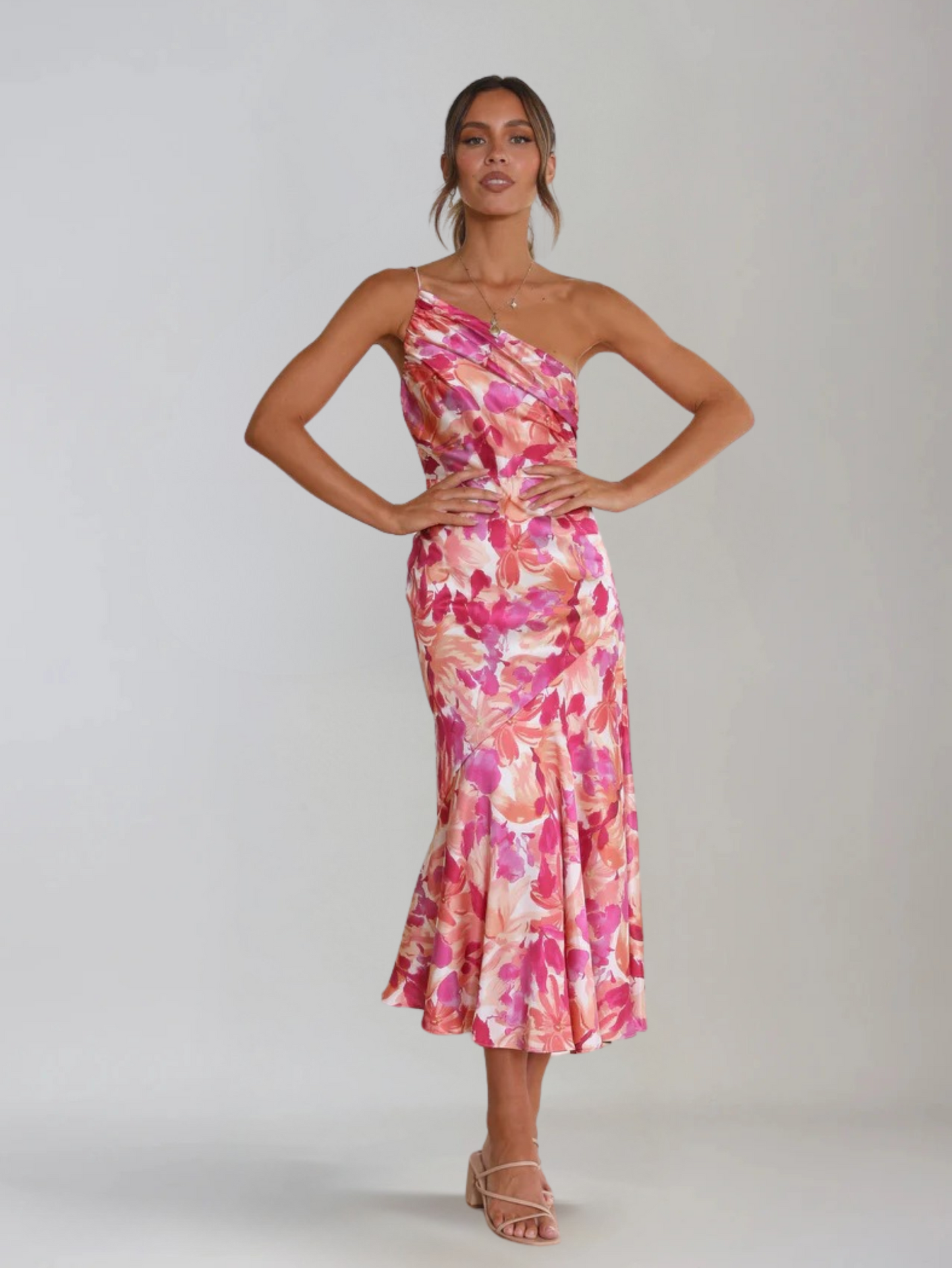 Femme Robe Midi à Bretelle Asymétrique avec Imprimé Floral