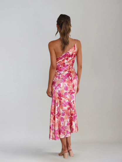 Femme Robe Midi à Bretelle Asymétrique avec Imprimé Floral