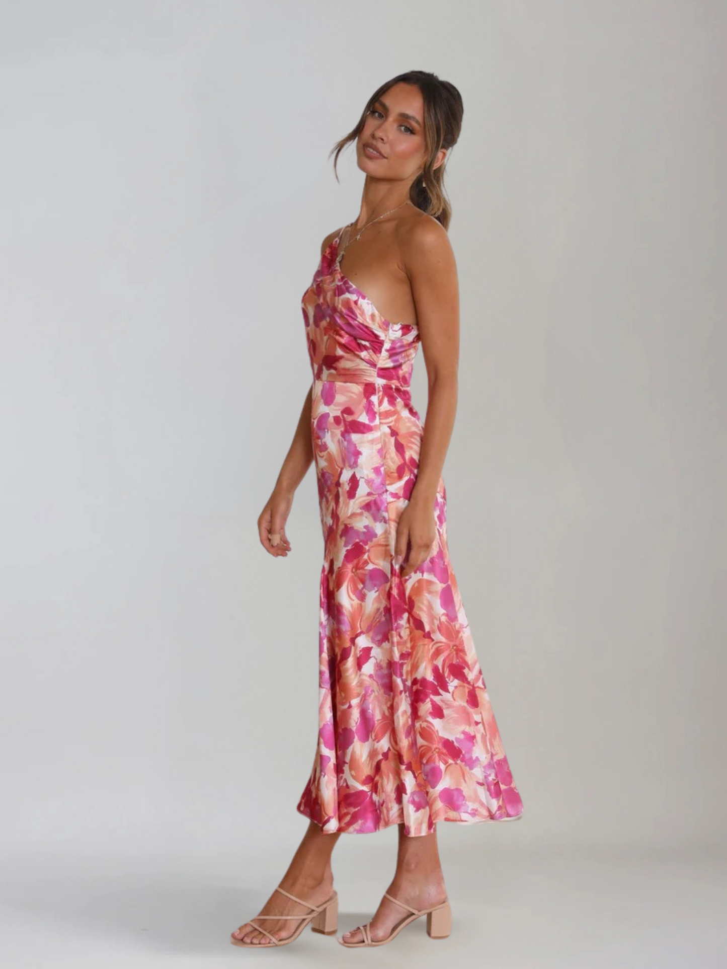 Femme Robe Midi à Bretelle Asymétrique avec Imprimé Floral