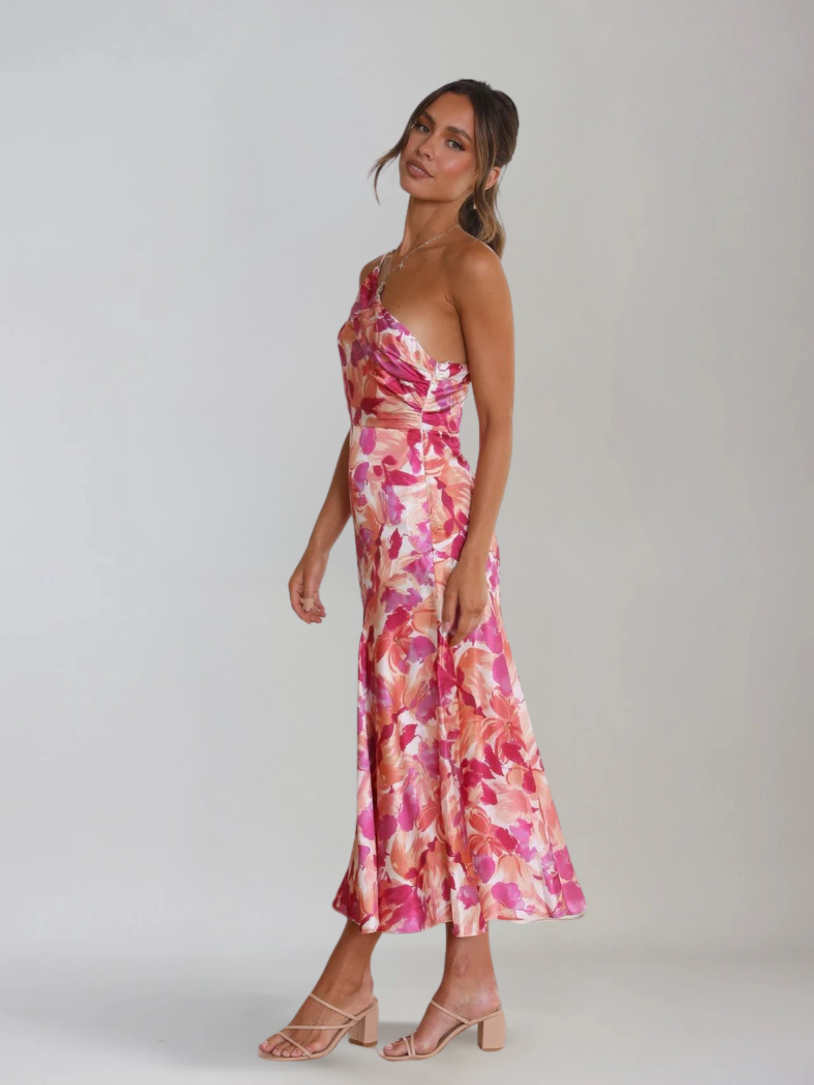 Femme Robe Midi à Bretelle Asymétrique avec Imprimé Floral