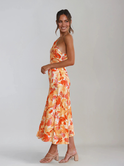 Femme Robe Midi à Bretelle Asymétrique avec Imprimé Floral