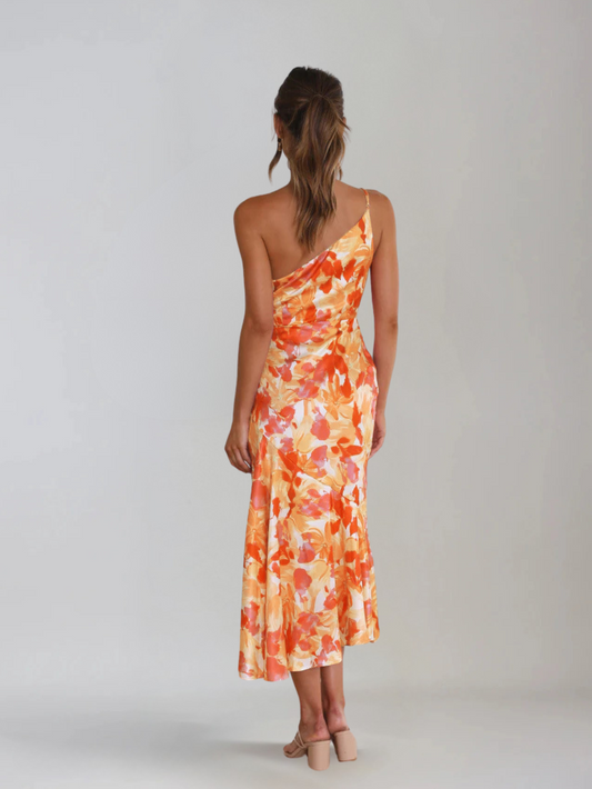 Femme Robe Midi à Bretelle Asymétrique avec Imprimé Floral