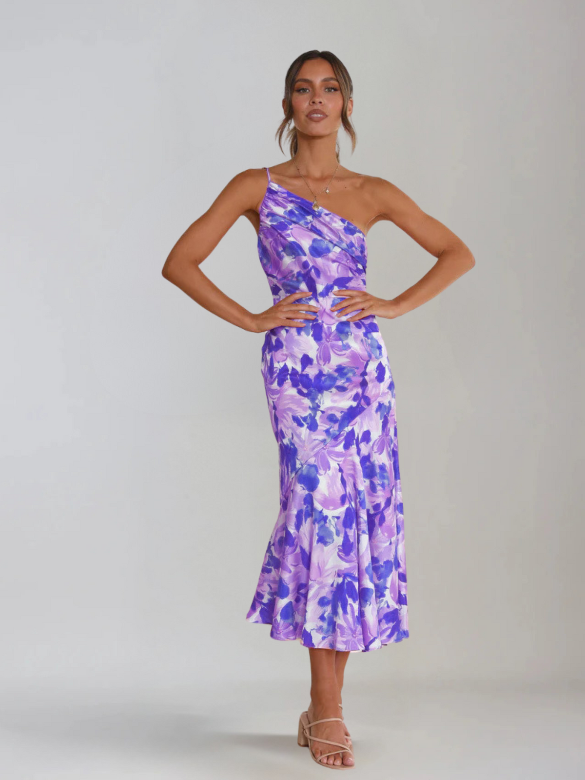 Femme Robe Midi à Bretelle Asymétrique avec Imprimé Floral