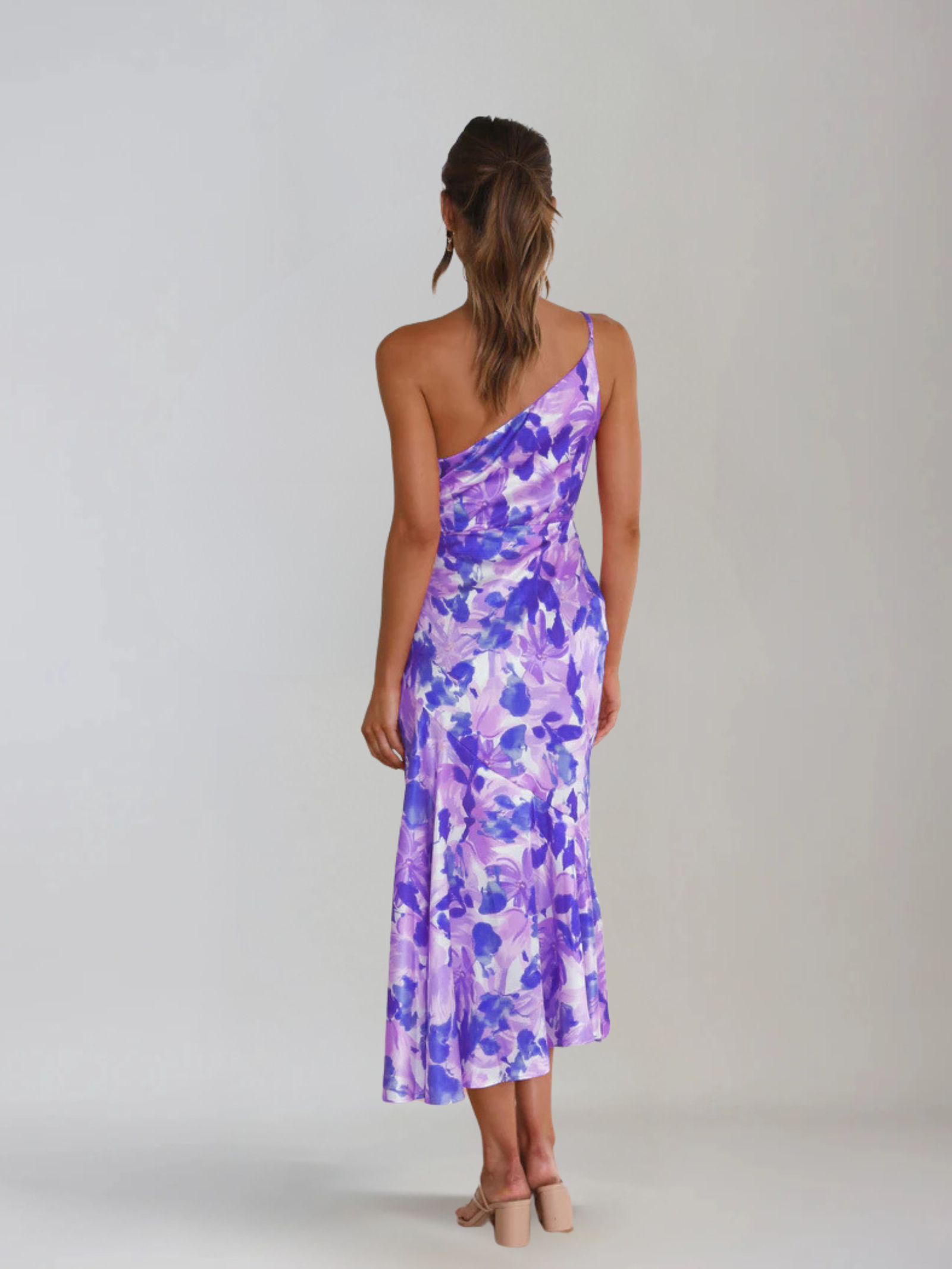 Femme Robe Midi à Bretelle Asymétrique avec Imprimé Floral