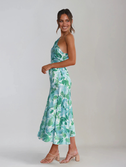 Femme Robe Midi à Bretelle Asymétrique avec Imprimé Floral