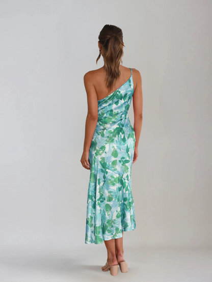 Femme Robe Midi à Bretelle Asymétrique avec Imprimé Floral
