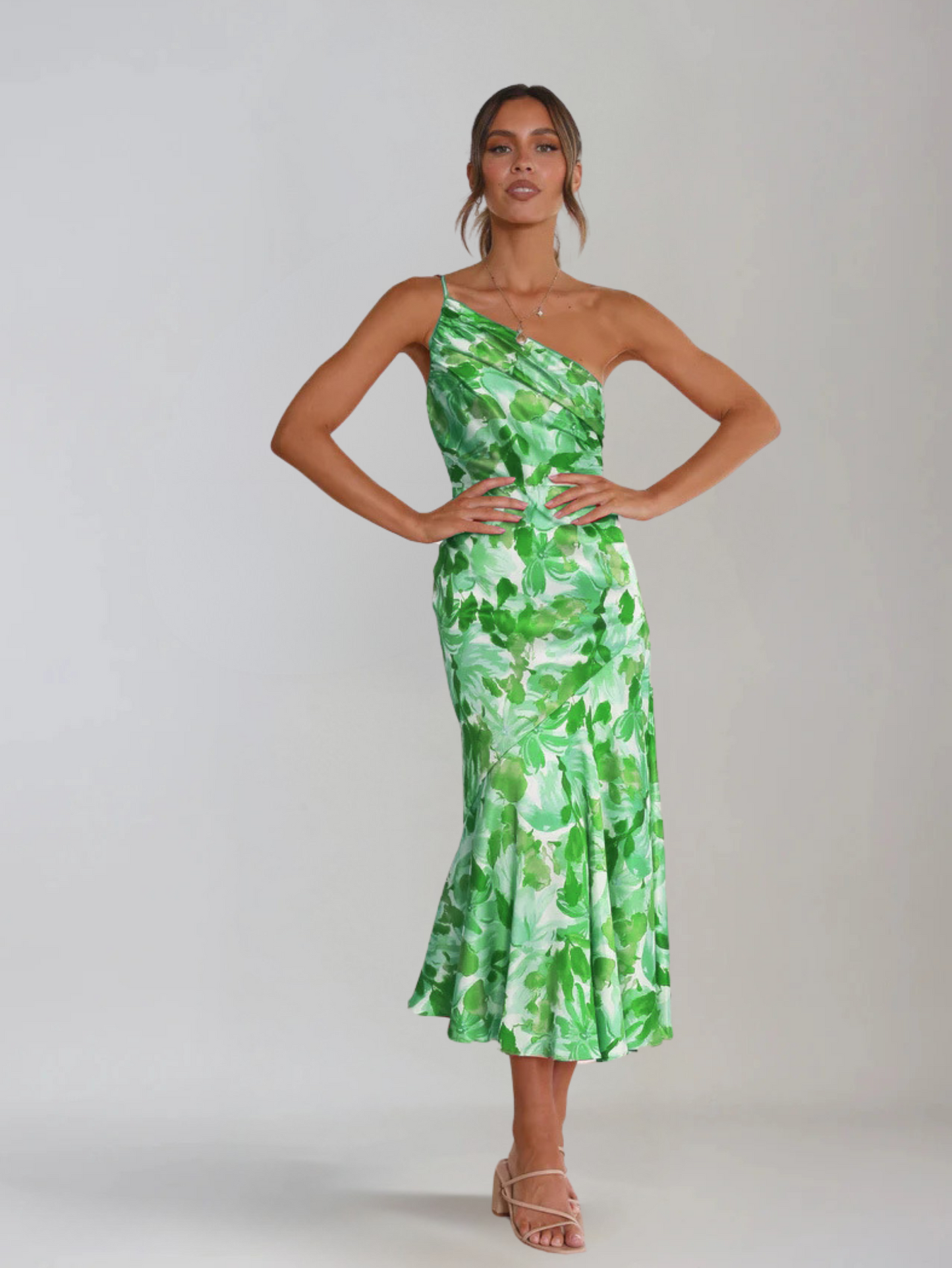 Femme Robe Midi à Bretelle Asymétrique avec Imprimé Floral