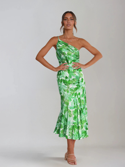 Femme Robe Midi à Bretelle Asymétrique avec Imprimé Floral