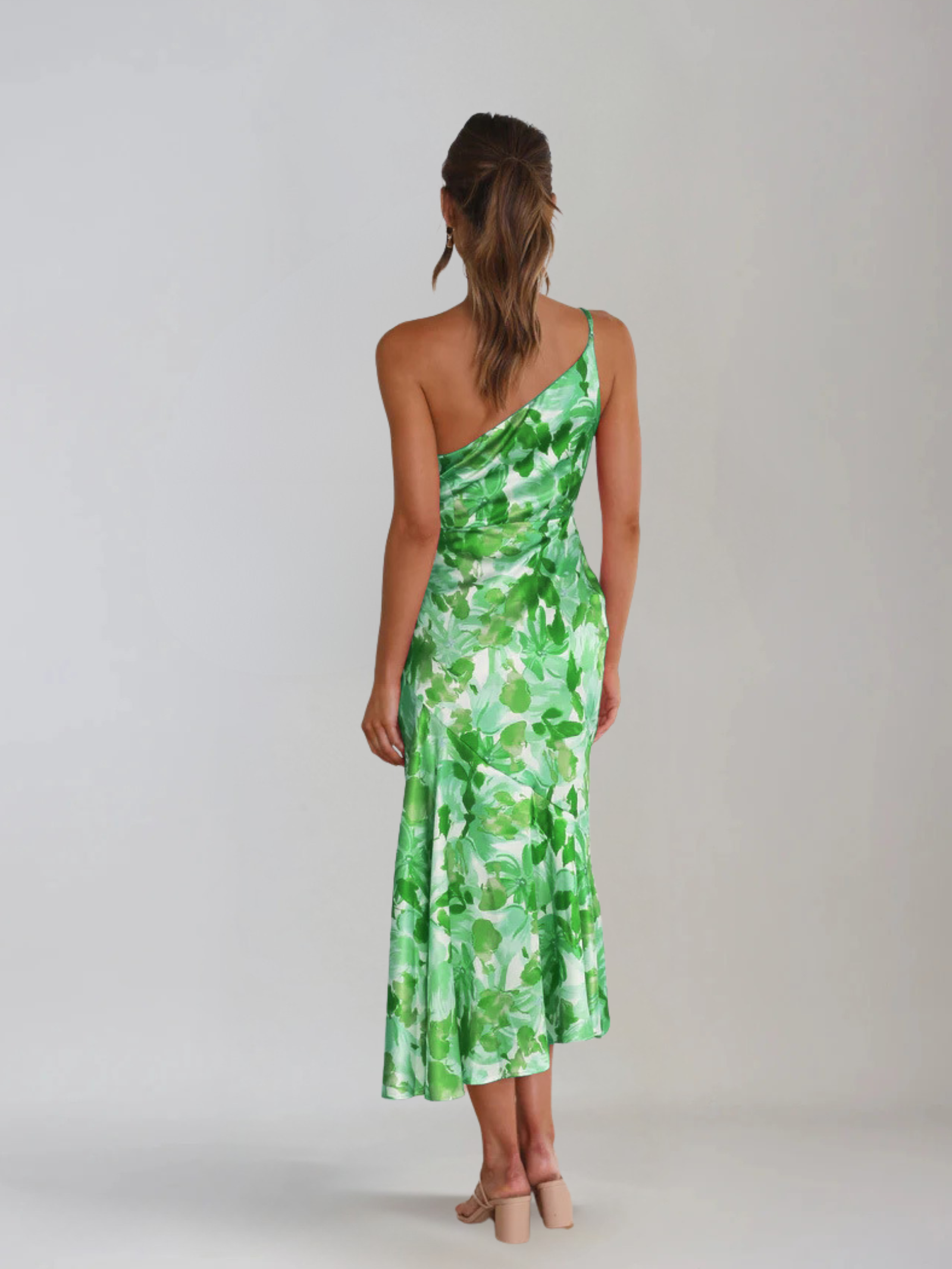 Femme Robe Midi à Bretelle Asymétrique avec Imprimé Floral