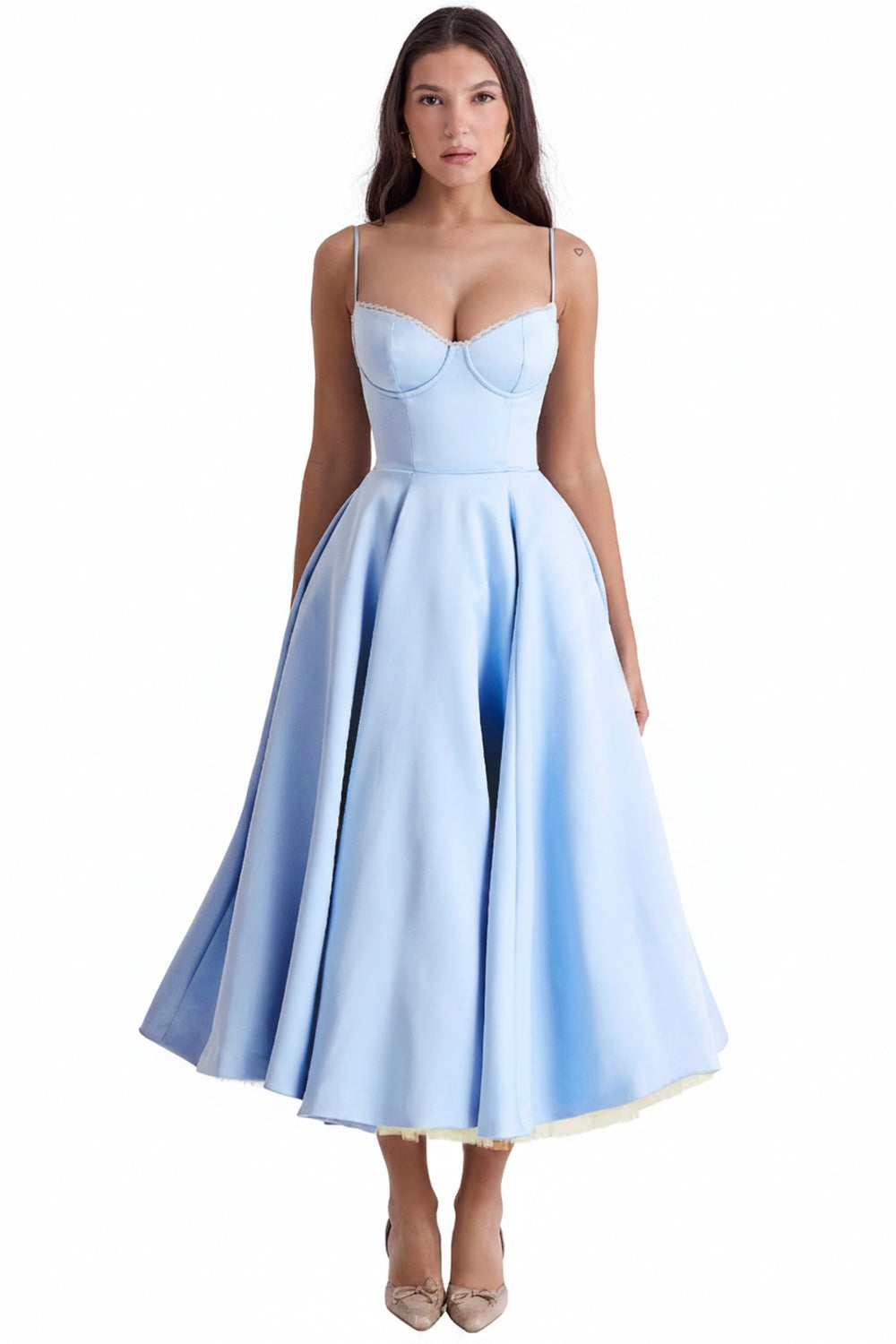Femme Robe Midi à Bretelles Fines avec Bustier et Jupe A-ligne