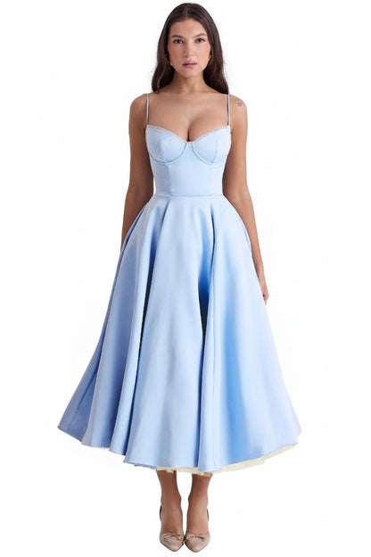 Femme Robe Midi à Bretelles Fines avec Bustier et Jupe A-ligne