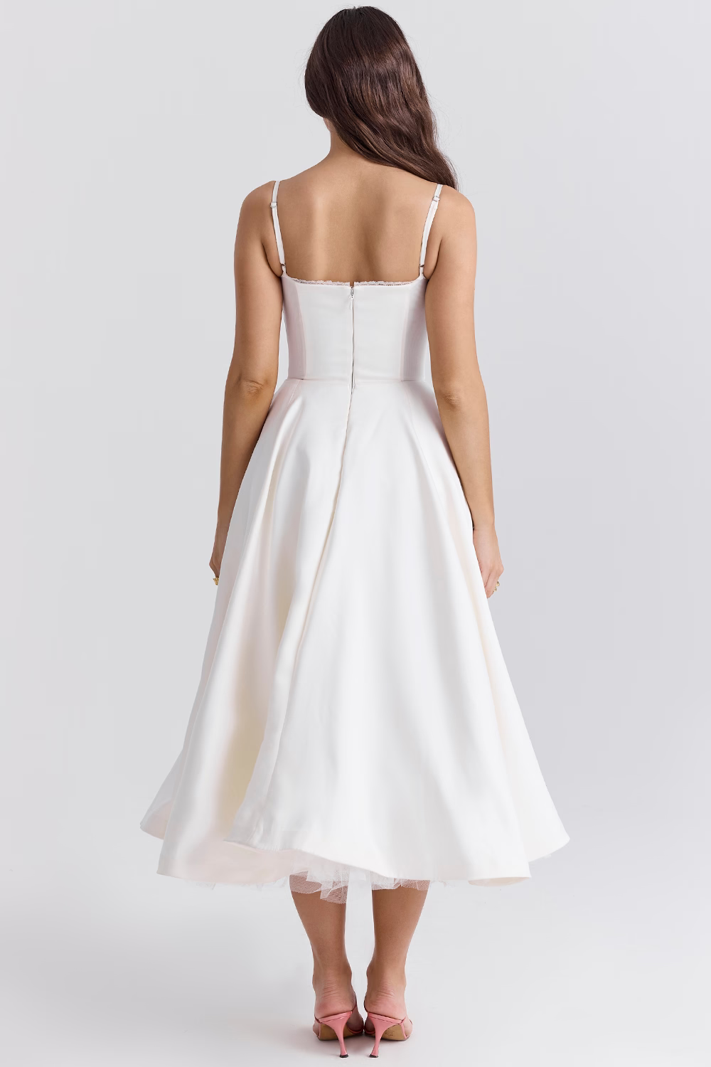 Femme Robe Midi à Bretelles Fines avec Bustier et Jupe A-ligne