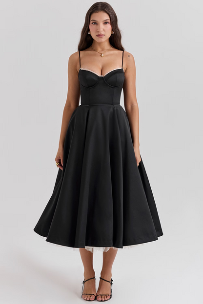 Femme Robe Midi à Bretelles Fines avec Bustier et Jupe A-ligne