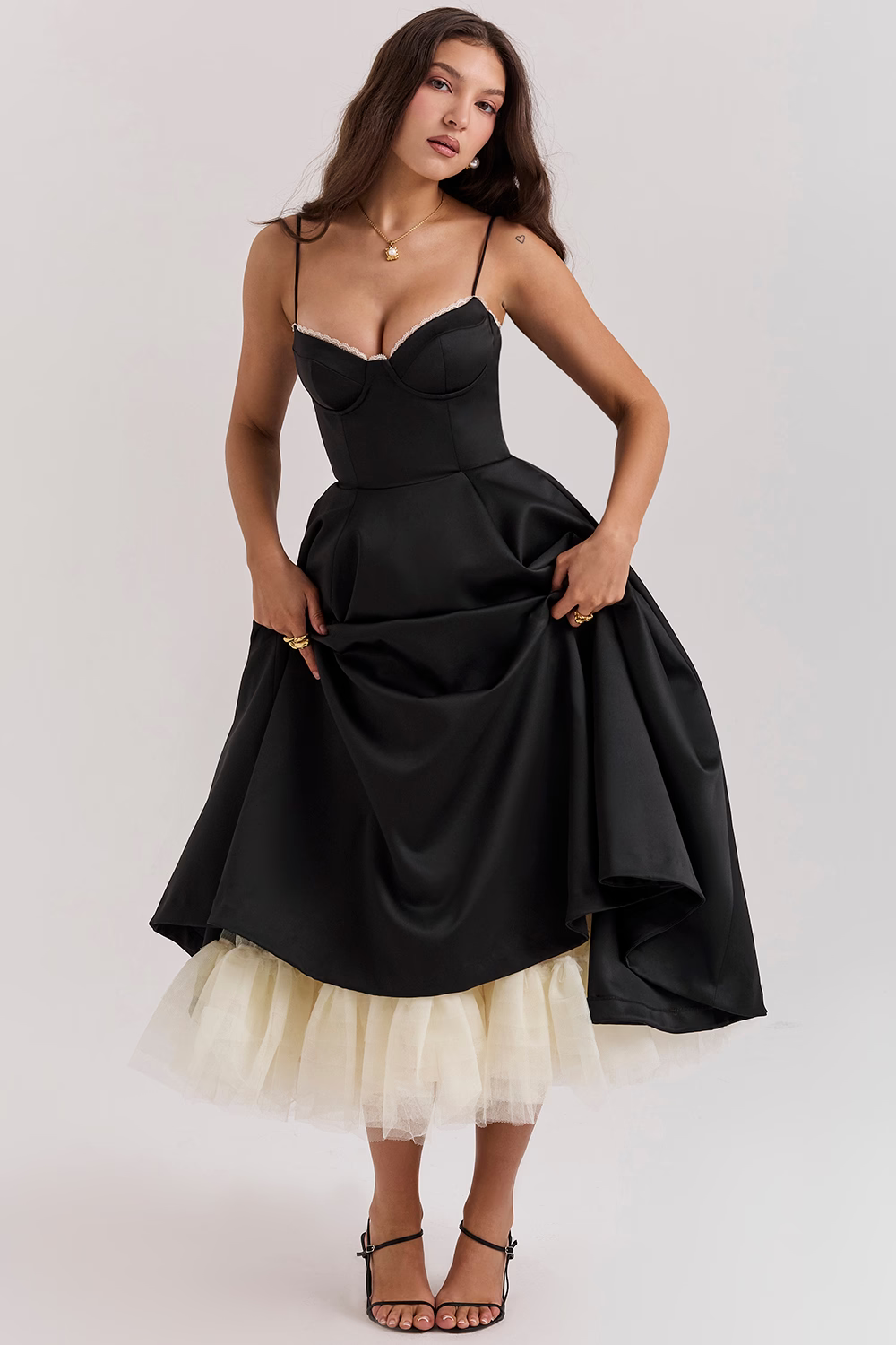Femme Robe Midi à Bretelles Fines avec Bustier et Jupe A-ligne