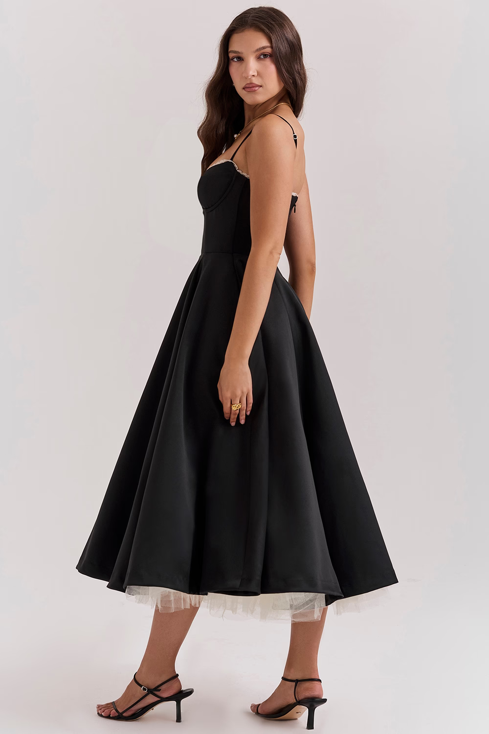 Femme Robe Midi à Bretelles Fines avec Bustier et Jupe A-ligne
