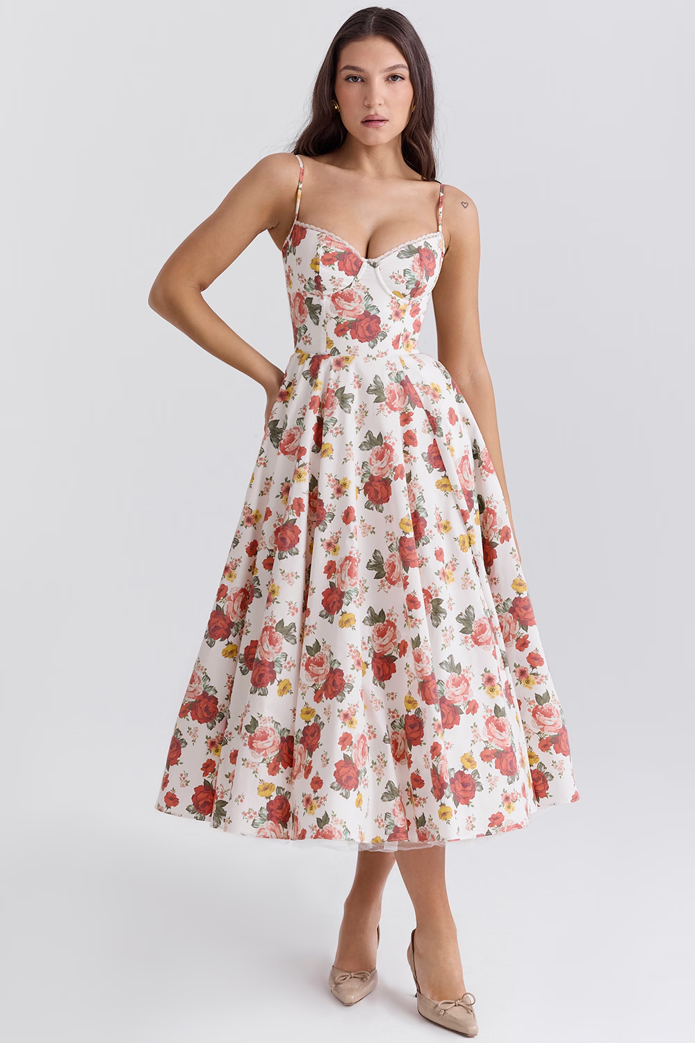 Femme Robe Midi à Bretelles Fines avec Bustier et Jupe A-ligne
