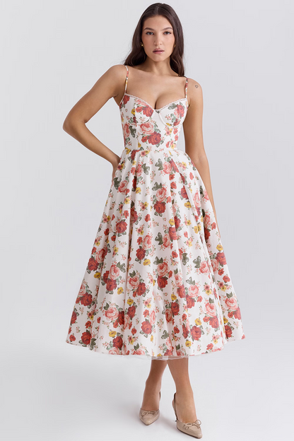 Femme Robe Midi à Bretelles Fines avec Bustier et Jupe A-ligne