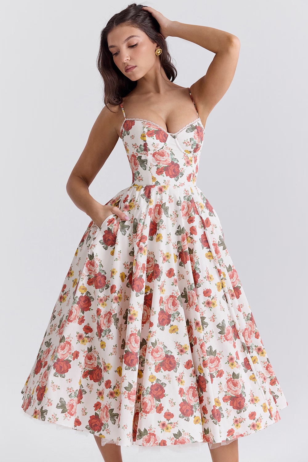 Femme Robe Midi à Bretelles Fines avec Bustier et Jupe A-ligne