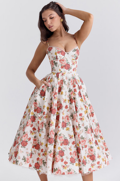 Femme Robe Midi à Bretelles Fines avec Bustier et Jupe A-ligne