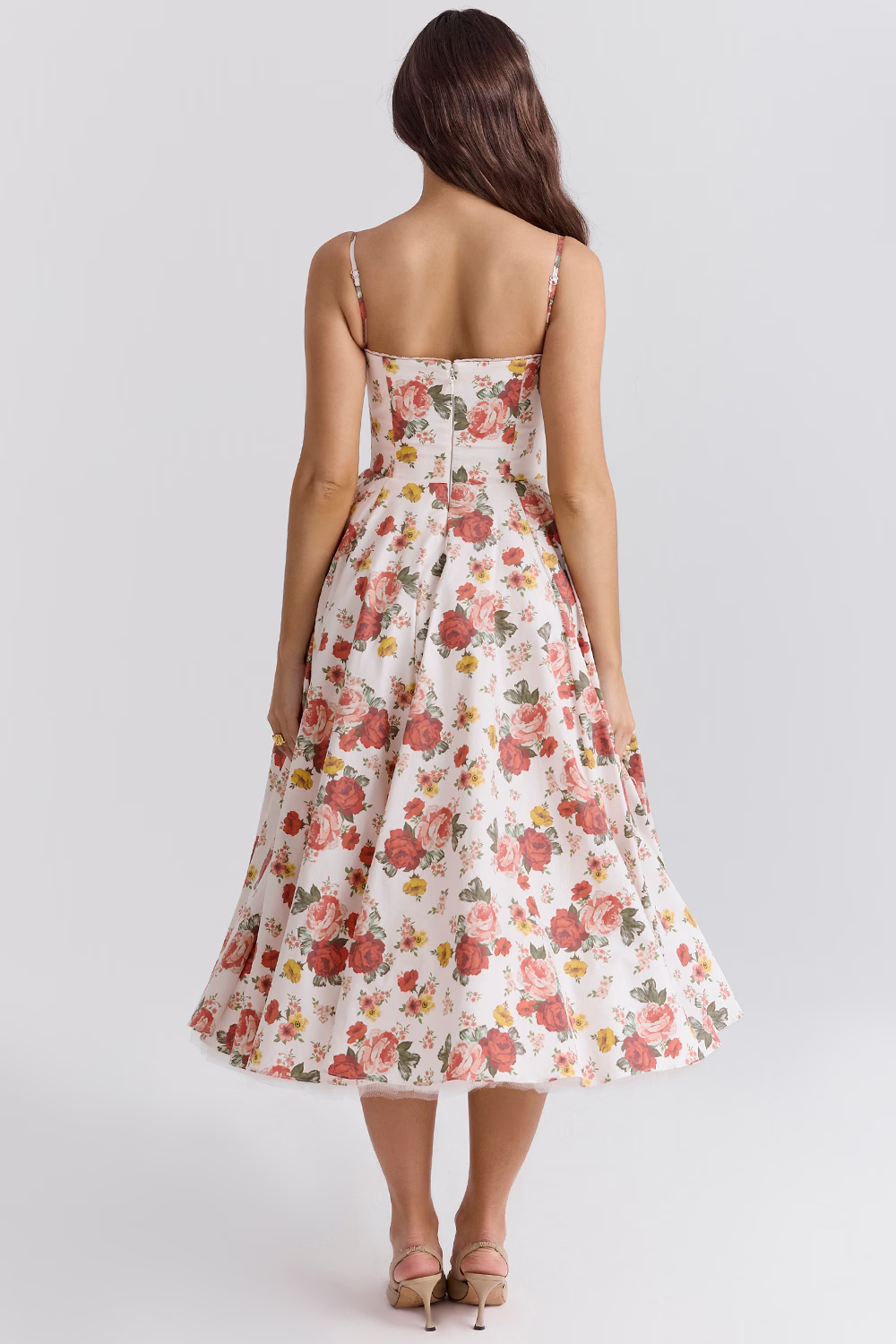 Femme Robe Midi à Bretelles Fines avec Bustier et Jupe A-ligne