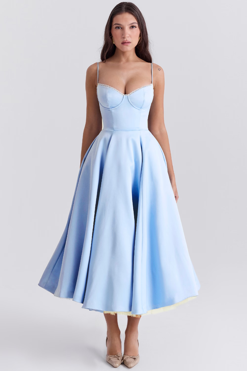 Femme Robe Midi à Bretelles Fines avec Bustier et Jupe A-ligne