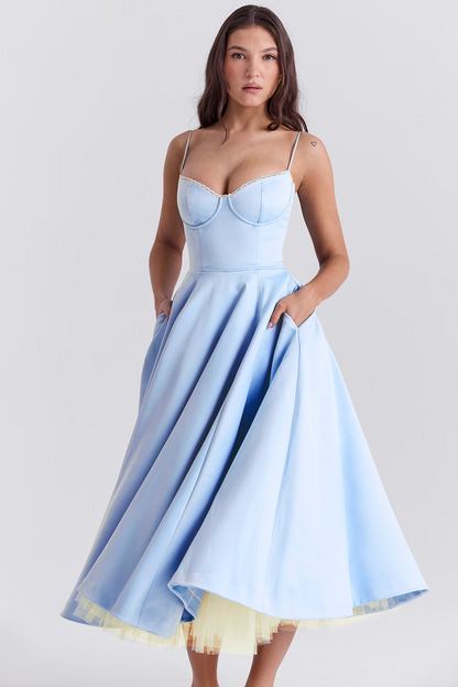 Femme Robe Midi à Bretelles Fines avec Bustier et Jupe A-ligne