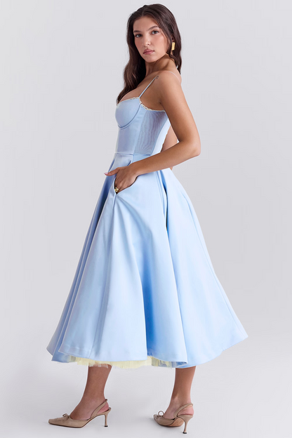 Femme Robe Midi à Bretelles Fines avec Bustier et Jupe A-ligne